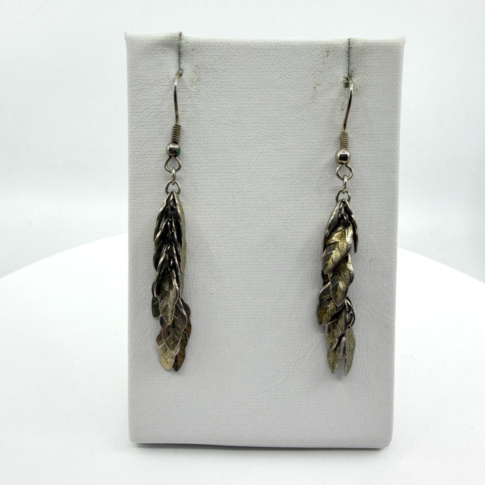 Antiqued Silver Tone Leaf Cluster Long Dangle Earrings Boho Statement Fashion